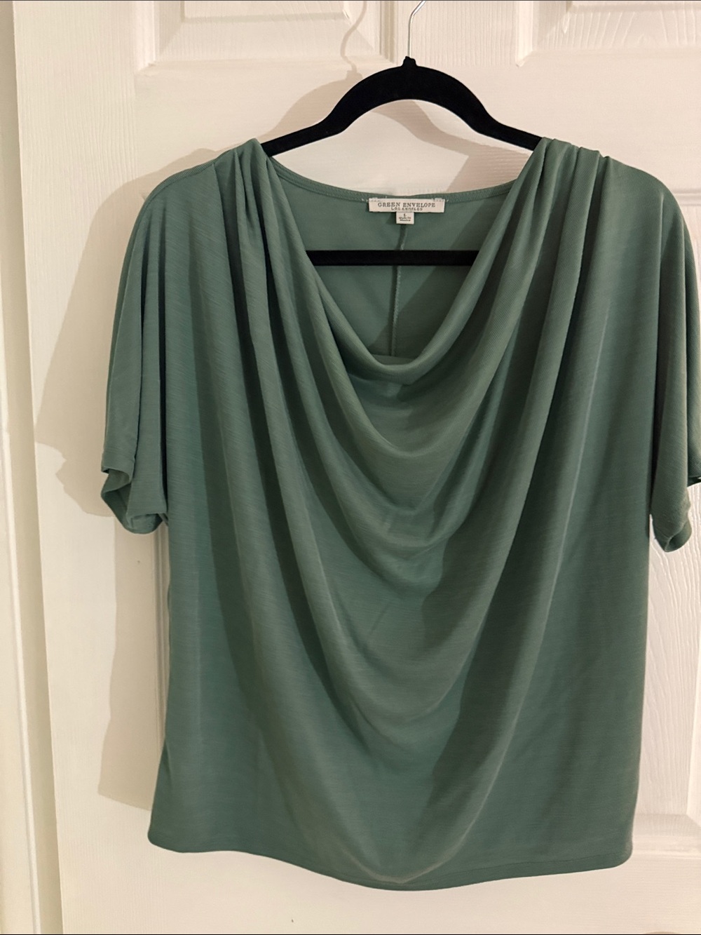 Green Envelope Sage Green Draped Cowl Neck Short Sleeve Top. Size L